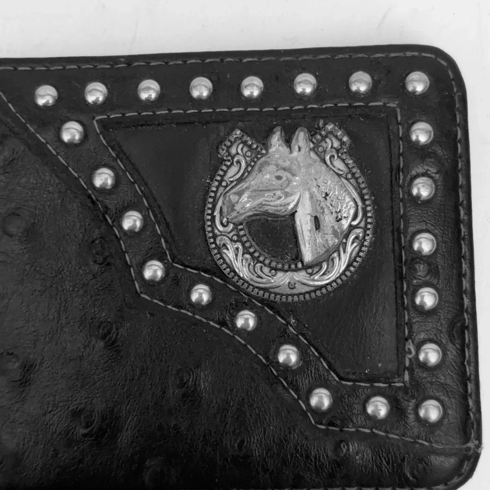 Mens Western Black Ostrich Print Bifold Wallet Studded Horse Head Concho